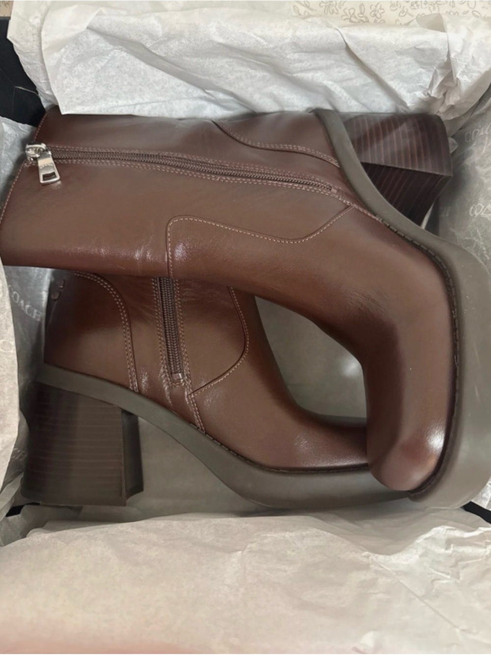 Coach Chocolate Brown Leather Block Heel Ankle Boots
